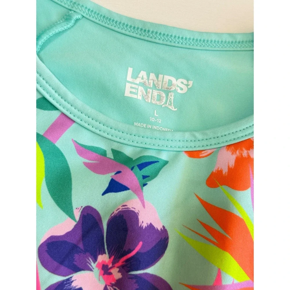 Lands End Kids Tropical Floral Rash Guard Swim Shirt Turquoise L 10-12 Beachwear